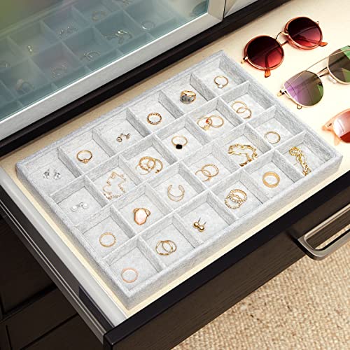 Juvale Velvet Jewelry Organizer Tray - Earring Tray Insert with 24 Compartments - Stackable Jewelry Drawer Organizer - Includes Bracelet Holder Slots - Gray, 14 x 10 in - size: 24 Grids