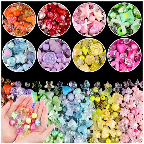 500-550PCS TINKRSTUFF Assorted Mix Acrylic Beads For Bracelet Making, Cute Beads For Jewelry Making Flower Bow Butterfly Candy Heart Gummy Bear Kawaii Aesthetic Bead,DIY Necklace Keychain Phone Charms - color: 8 COLOR SERIES-Pink+Blue+Purple+Green+Orange+