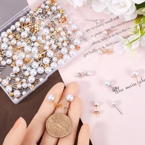 1 Box 240Pcs 120 Sets Pearl Earring Posts Pearl Earring Findings Ear Post with Imitation Beads and Loop Butterfly Back Hypoallergenic Silver Ear Studs for Jewelry Making DIY Crafts Women - color: Light Gold, Silver