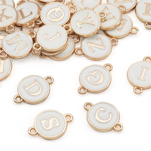 KISSITTY Flat Round with Alphabet Connector Charms Alloy Enamel Letter Links Connectors for DIY Bracelet Earring Jewelry Making - color: White