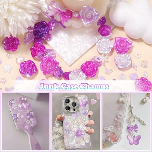 Cynailli 350 Pcs Junk Case Charms Purple 3D Resin ABS Rose Flower Bows Butterfly Charm with Bows Moon Heart Pearls Fun Beads Flatback Resin Charms for Craft DIY - color: color-S7