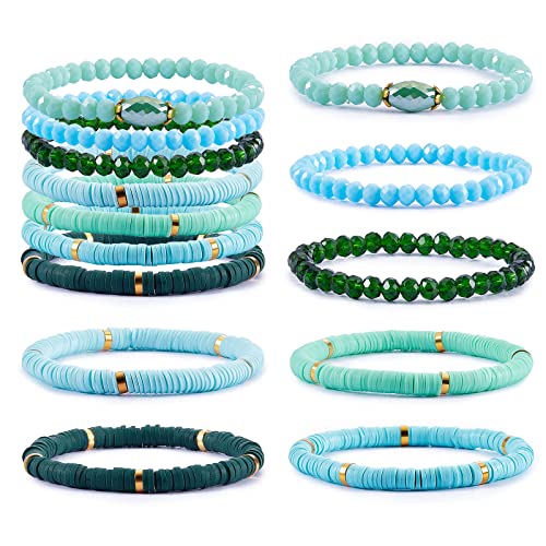 Ornaland 7Pcs Handmade Polymer Clay Heishi Surfer Stretch Bracelets Set Colorful Glass Beads Bracelets Boho Stackable Preppy Bracelets Wrist Jewelry for Women - color: Sky Blue