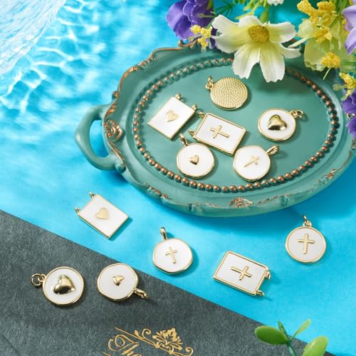 Craftdady Golden Plated Enamel Pendants White Oval Flat Round Dangle Charms for DIY Earrings Necklace Bracelet Making - color: 18K Gold Plated-6 Styles