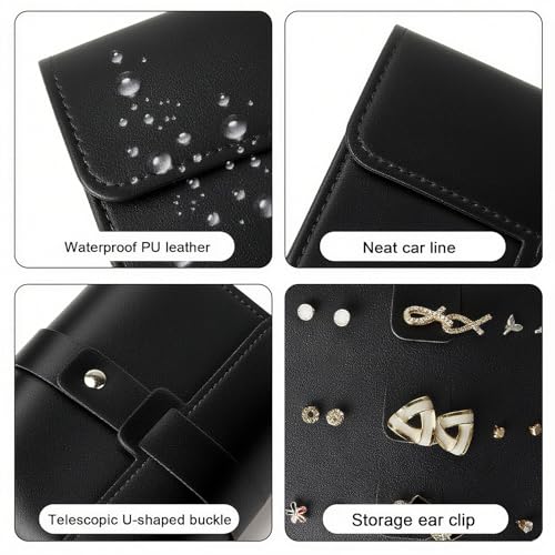 LAKE OF FIRE Earring Holder Organizer with Foldable Book Design Book Organizer, Portable Pu Leather Travel Earring Case (Black) - color: Black