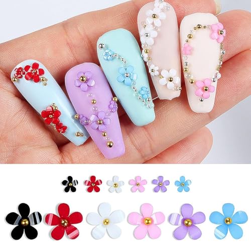 3D Colorful Flower Nail Charms,Flowers Acrylic Nail Charms with Metal Golden Round Beads for Nails Art DIY Accessories