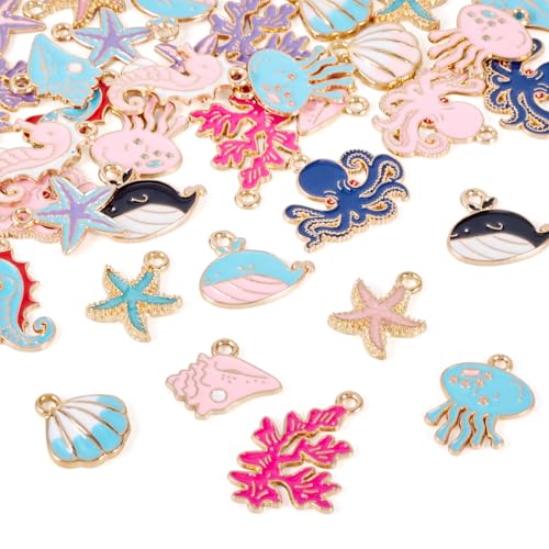 Cheriswelry 36Pcs Ocean Beach Sea Charms for Jewelry Making Assorted Summer Charms Starfish Shell Whale Jelly Fish Pendants 15-29mm for Earring Necklace Bracelet Supplies