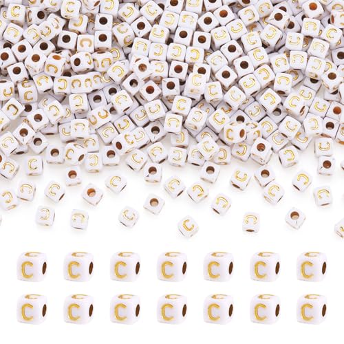 FASHEWELRY 500Pcs White Golden Letter Beads 4.5mm Square Alphabet Beads Acrylic Cube Letter C Beads for Friendship Bracelet Necklace Keychains Jewelry Making - color: Letter C