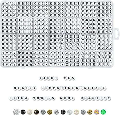 Deinduser 1400 Pieces Letter Beads - 4x7mm White Round for Bracelets Acrylic Jewelry Making Bracelet Alphabet with Black inked, R-W0B - color: White beads with Black inked letter, size: Round 4*7mm