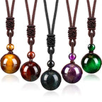 Yaomiao 5 Pcs Tiger Eye Chakra Round Bead Pendant Necklace Natural Quartz Amethyst Obsidian Turquoise Healing Crystal Pendant with Adjustable Nylon Rope - color: Red Amber, Yellow Amber, Purple, Green, Black