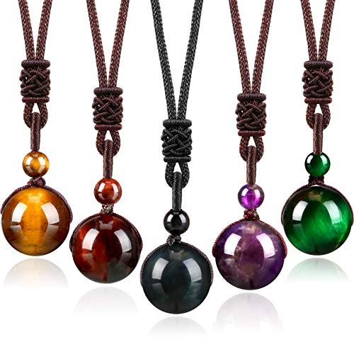 Yaomiao 5 Pcs Tiger Eye Chakra Round Bead Pendant Necklace Natural Quartz Amethyst Obsidian Turquoise Healing Crystal Pendant with Adjustable Nylon Rope - color: Red Amber, Yellow Amber, Purple, Green, Black