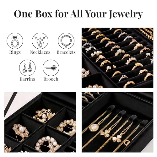 bussdis Glass Lid Jewelry Organizer Box – Black Velvet Jewelry Case with Ring Slots, Necklace Hooks & Removable Compartments for Earrings, Rings & Bracelets - color: Black