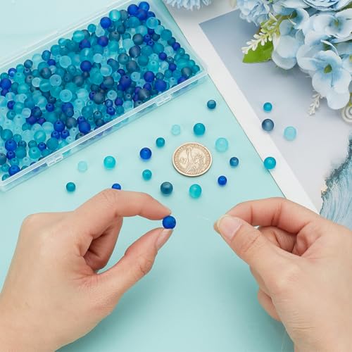 PH PandaHall 5 Colors Blue Glass Beads 350pcs Frosted Beads 2 Sizes Matte Crystal Beads 6/8mm Round Loose Beads Bracelet Beads Craft Beads for Jewelry Making Summer Boho Bracelets Necklaces Earring