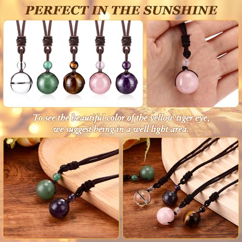 Yaomiao 5 Pcs Tiger Eye Chakra Round Bead Pendant Necklace Natural Quartz Amethyst Obsidian Turquoise Healing Crystal Pendant with Adjustable Nylon Rope - color: Yellow Amber, Pink, Purple, Green, White
