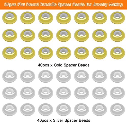 80pcs 8mm Stopper Beads Brass Flat Round Rondelle Spacer Beads Adjustable Slider Clasps Round Beads Insert Rubber Crimp Stopper Beads for DIY Bracelet Necklace Jewelry Making(2mm Hole,2Colors) - color: Gold,silver