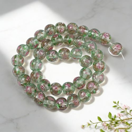 1 Box 40PCS 10MM Dark Green Flower Lampwork Beads with Holes Rose Glass Round Flower Gold Sand Floral Handmade Spacer Loose Bead Bulk for Jewelry Making Necklace Bracelet DIY Craft Supply - color: Dark Green, size: 40pcs