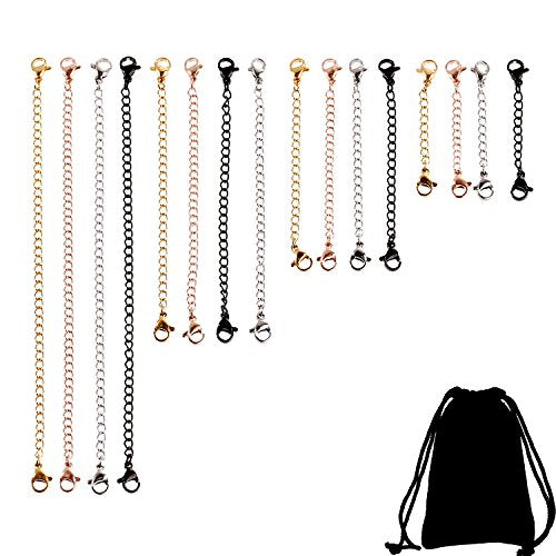 16 Pieces Necklace Extenders Black Jewelry Chain Extension Set for DIY Bracelet Making Stainless Steel 4 Colors 4 Sizes