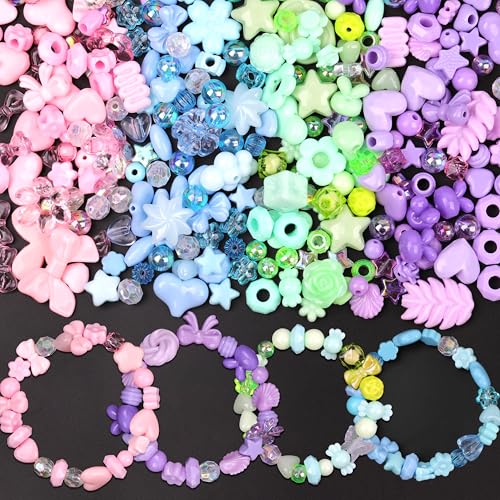 Assorted Acrylic Pony Beads Shapes for Bracelet Making Flower Bow Butterfly Candy Star Heart GummyBear Cute Beads for Jewelry Making (Pink Purple Blue Green) - color: Pink Purple Blue Green