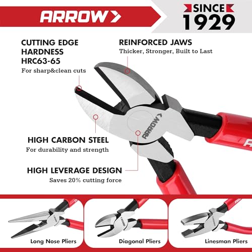 ARROW 3PCS Pliers Set, 6" Needle Nose Pliers, 6" Diagonal Plier, 7" Linesman with Non-slip Handle, Premium Carbon Steel, High Leverage Design - style: 6" Needle Nose/6" Diagonal/7" Linesman