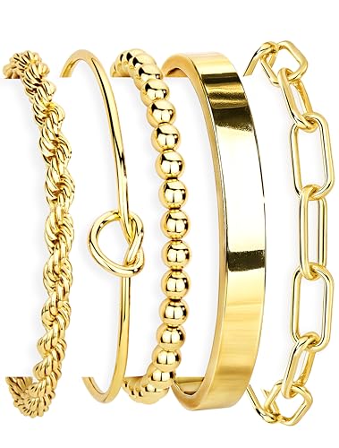 Gokeey Gold Bracelets Set for Women Non Tarnish, Waterproof 14K Gold Plated Sterling Silver Chunky Cuff Bracelet Stackable Gold Bangles Bracelet for Women Trendy Fashion Accessories Tie Knot Cuban Rope Paperclip Beaded Bracelet Stack Jewelry Mothers Day G