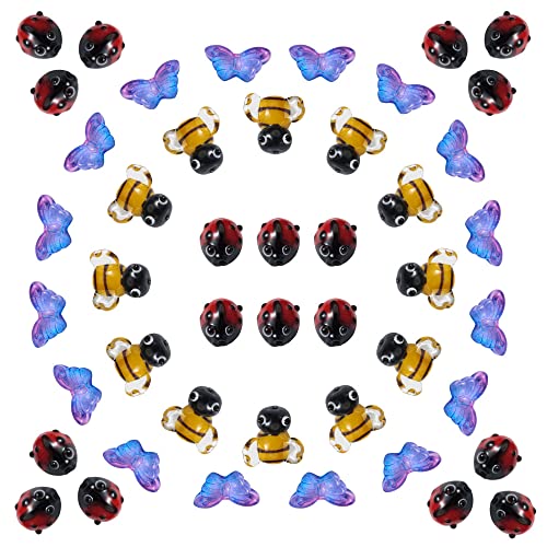 Pandahall 50Pcs Red Ladybug Bees Butterfly Lampwork Glass Beads Set Assorted Handmade Animal Insect Loose Spacer Beads for DIY Jewelry Bracelet Necklace Making (Hole: 1-2mm)