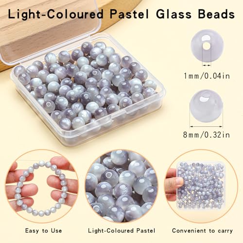 200pcs Glass Beads for Bracelets, 8mm Crystal Glass Round Beads for Jewelry Making, DIY Crafts, Single Box (Grey) - color: Grey
