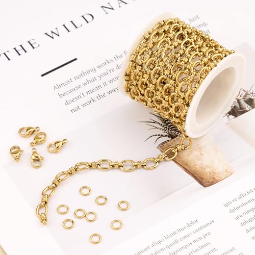 SMYHTGLIF 6.5 Feet Gold Stainless Steel Rolo Chain Bulk for Jewelry Making Oval Circle Chain Spool with Jewelry Making Supplies Findings - color: Cable Gold
