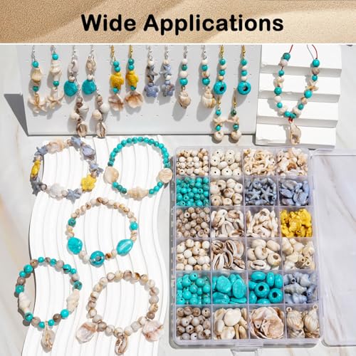 600+Pcs Ocean Beads for Bracelets Making Kit, Acrylic Boho Ocean Beach Seashell Bead Starfish Turtle Conch Charms Summer Sea Dangle Pendant for Earring Necklace Gift Anklet DIY Craft Jewelry Making - color: Beige+Sea Blue