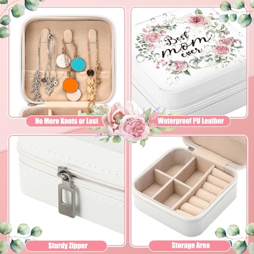 Kacctyen 12 Pieces Best Mom Ever Mini Travel Jewelry Case Bulk Mother's Day Church Gifts Watercolor Flowers Women Party Favor Gift for Secretary Girls Leather Travel Jewelry Case - color: Green Leaves and Flowers