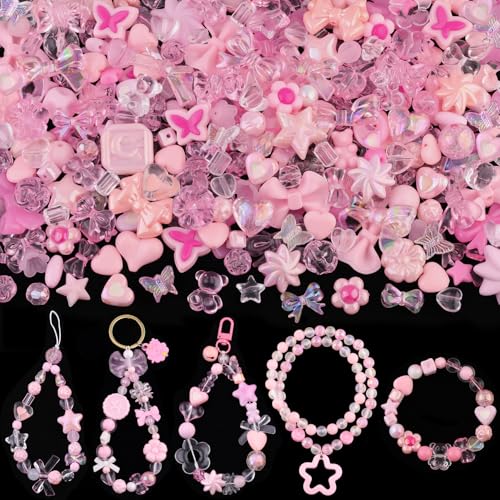 200-260PCS TINKRSTUFF Assorted Acrylic Beads Pink Cute Beads for Bracelet Making, Bow Aesthetic GummyBear Flower Candy Butterfly Kawaii Charms for Jewelry Making DIY Necklace Keychain Phone Charm - color: Pink