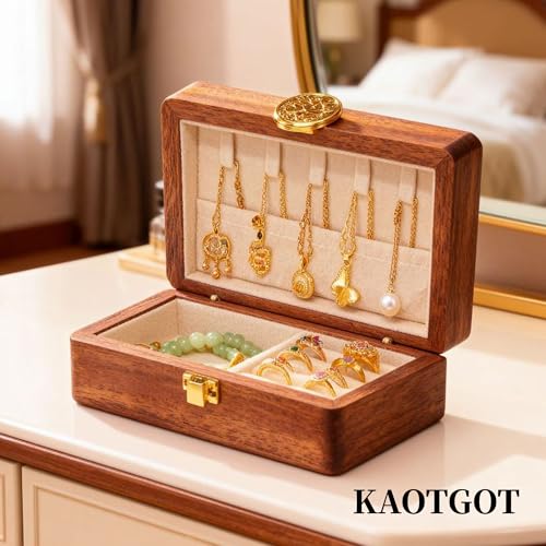 Travel Jewelry Case Small Wood Jewelry Organizer Jewelry Box for Women (Nut-Brown Print B) - color: Nut-Brown Print B