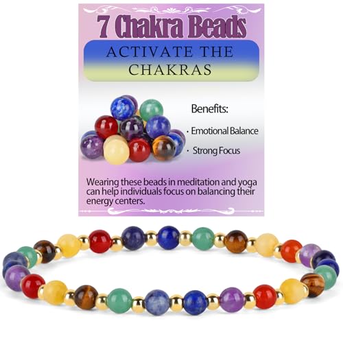 QOGIR 14k gold Handmade Healing Bracelet, Natural Gem Stone Crystal Elastic Gold Bracelet - color: 7 Chakra - Activate The Chakras, size: 4m