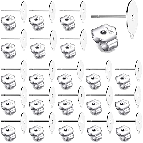 100Pcs 925 Sterling Silver Earrings Posts Flat Pad Ear Stud Hypoallergenic Blank Earring Pins with Loop and 925 Sterling Silver Earring Backs for Jewelry DIY Making Findings