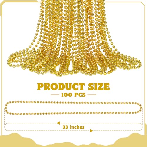 Huskein 100 PCS Mardi Gras Beads, 33" Gold Beads Necklaces, St Patricks Day Beads Necklaces Bulk, Round Beaded Parade Accessories Set, Gold Beads for Carnival Party Supplies - color: Gold