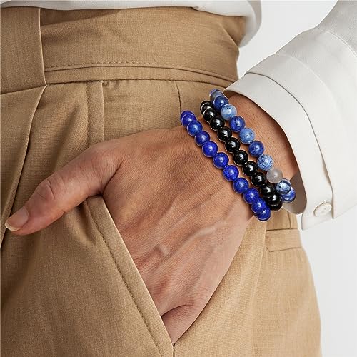 3 PCS Healing Crystal Bracelets for Women 8mm Natural Stone Beaded Stretch Bracelet Amethyst Jewelry Gifts - color: 06 8mm Lapis Lazuli & Sodalite - Blue