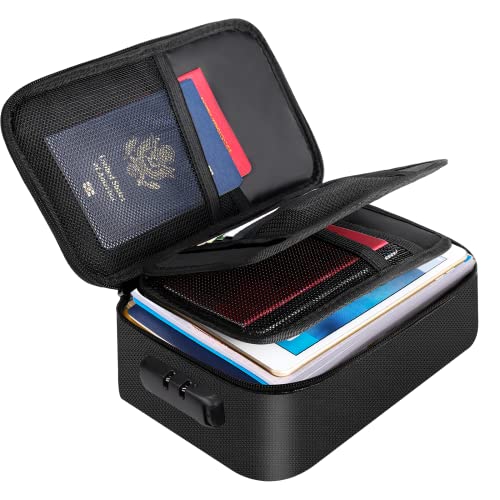 ENGPOW Small Fireproof Storage Organizer Case with Lock(9”x 5.3”x 3.7”), 3-Layer Soft Money Safe Coin Organizer Wallet Bag for Cash,Card,Passport,Check,Bill,Travel Home Organizer Carrying Case,Black - color: Black