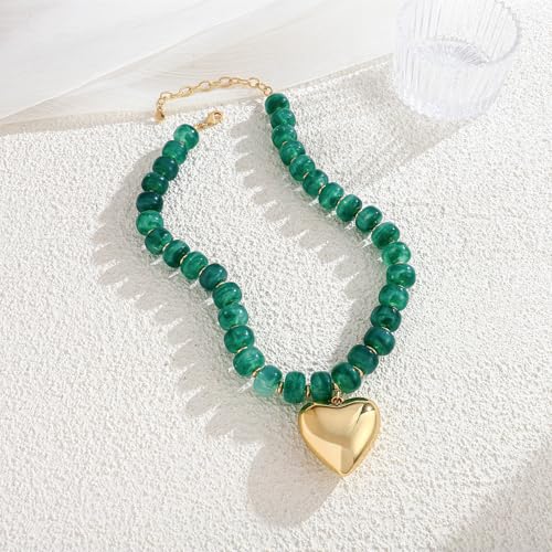 Gold Heart Pendant Necklaces for Women Colorful Acrylic Resin Beaded Choker Necklace Fashion Chunky Statement Beaded Heart Necklace - color: Dark-green