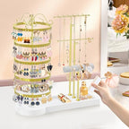Jewelry Earring Holder Organizer, Adjustable 5 Tiers Rotating Earring Holder 3 Tier Necklace Holder with Wooden Base, Multi-Functional Jewelry Organizer Display Stand for Studs Bracelet Women(Gold) - color: Gold