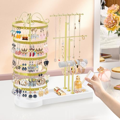Jewelry Earring Holder Organizer, Adjustable 5 Tiers Rotating Earring Holder 3 Tier Necklace Holder with Wooden Base, Multi-Functional Jewelry Organizer Display Stand for Studs Bracelet Women(Gold) - color: Gold