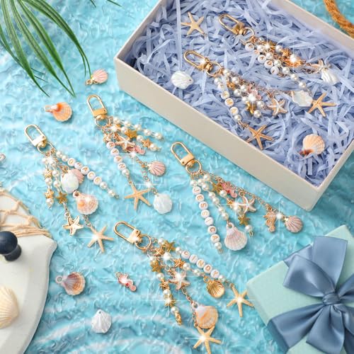 Cunno 776 Pcs Seashell Keychain Making Kit Ocean DIY Craft Key Chain Starfish Pearl Seahorse Letter Name Beads with Keychain Clip and Tool Accessories for Backpacks Purse Tote Bag Crafts DIY Supplies - color: Pink Gold, style: Nautical, Beach