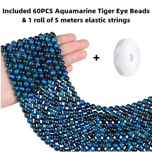 QINJIEJIE 60PCS Aquamarine Tiger Eye Beads 8mm Stone Beads Round Loose Gemstone Bead for Bracelet Beading Crystal Making DIY Necklace Earrings 0.32" - color: Aquamarine Tiger's Eye, size: 60PCS