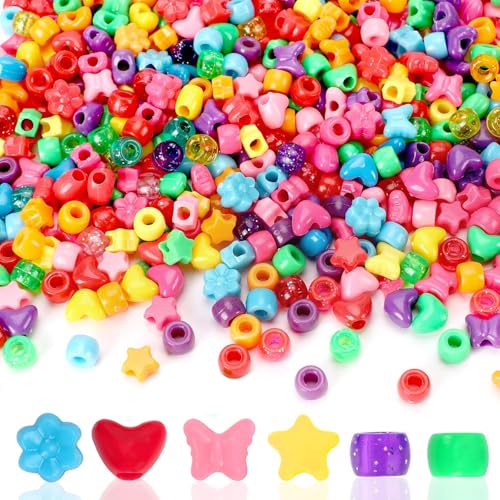 UPINS 1200 Pcs Colored Shaped Pony Beads -Large Perforated Assorted Heart Flower Star Butterfly Beads for Pipe Cleaners Friendship Bracelets Necklace for Classroom Crafts Screen-Free Fun for Kids - color: Multicolor for Heart Flower Star Butterfly