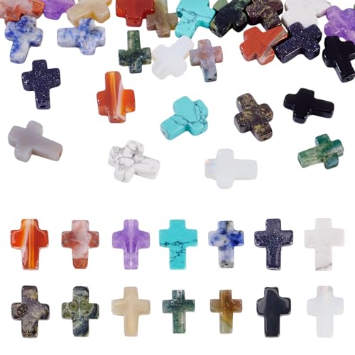 28 Pcs Cross Beads for Jewelry Making Turquoise Cross Gemstone Beads Small Crystal Crucifix Bead Charms for Easter Holiday Eid Mubarak Ramadan Christmas Necklace Jewelry Making 11-13mm - color: 14 Colors-Gemstone
