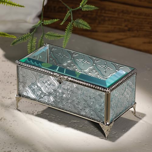 Glass Vintage Jewelry Box Keepsake storage Trinket Ring Display Box Home Decor Embossed Clear Glass Box Organizer(6.5x3.5x3.3Inches) - color: silver