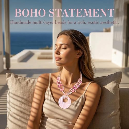 Coiris Shell Pendant Statement Strand Necklace for Women Boho Multi Beads Natural Stone Colorful Necklace Bohemian Handmade Chunky Shell Beaded Collar Jewelry for Women - color: Pink