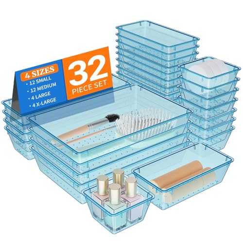 StorMiracle 32 PCS Clear Plastic Drawer Organizer Set, 4-Size vanity organizer Trays and Storage Bins for Makeup, Jewelry and Gadgets in Bedroom, Bathroom and Office, Clear Sea Blue - color: Sea Blue