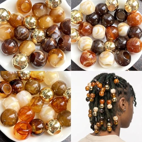 180Pcs Hair Beads for Braids Large Hole African Hair Bead for Women for Large Braids 14mm Brown Jumbo Pony Beads for Braiding Jewelry Making Macrame Crafts Assorted Colors Beading Supplies - color: Earthy tone, ccb gold, rubber bands