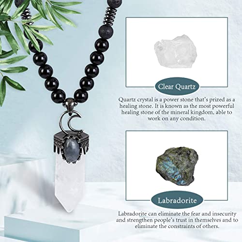 Top Plaza Natural Stone Healing Crystal Clear Quartz Hexagonal Pointed Gemstone Pendant Necklace Crescent Moon Jewelry Adjustable Lava Rock Beads Necklaces for Women Men