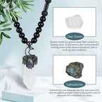 Top Plaza Natural Stone Healing Crystal Clear Quartz Hexagonal Pointed Gemstone Pendant Necklace Crescent Moon Jewelry Adjustable Lava Rock Beads Necklaces for Women Men