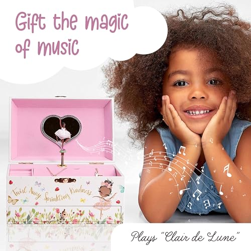The Memory Building Co Black Ballerina Musical Jewelry Box Plays Classic Melody, Storage Organizer Music Box for Kids Ages 6-12 MDF Wood w/ 2 Fabric Lined Ring Bracelet Necklace Treasure Compartments - style: Ballerina_Black