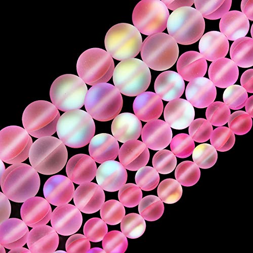 Matte Pink Aurora Crystal Glass Beads, 8MM Frosted Glitter Shining Mermaid Round Loose Beads, Rainbow Holographic Synthetic Moonstone for Jewelry Making DIY Bracelet - color: Pink, size: 8MM